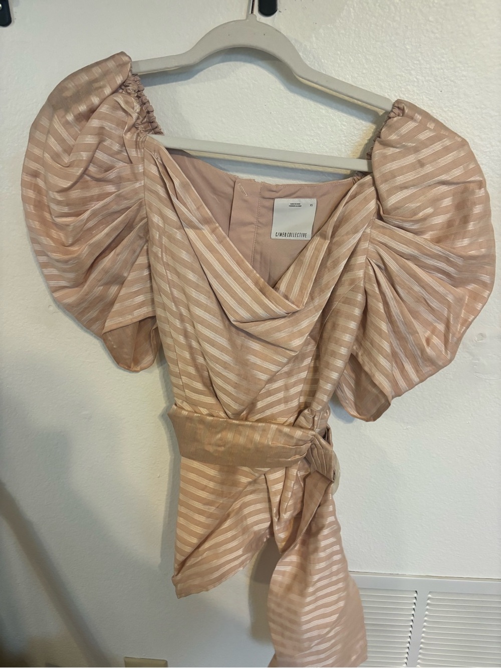 C/MEO Collective Blush Pink Striped Puff Sleeve Wrap Top